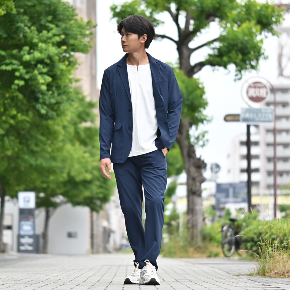 イージーパンツ メンズ テーパード ストレッチ スラックス セットアップ(別売) 軽い 接触冷感 薄手 細め タイト エアーベント 紺 黒 ネイビー ブラック M L XL | EVOLUTION | 08