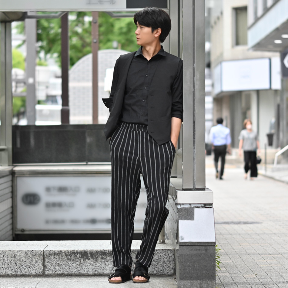 イージーパンツ メンズ スラックス テーパード 薄手 楊柳 ストライプ 春夏秋 セットアップ(別売) 涼しい 軽い 紺 黒 グレー ネイビー ブラック M L XL 61224 | EVOLUTION | 11