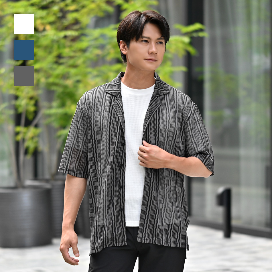 シアーシャツ メンズ カジュアルシャツ サマーシャツ 半袖 夏用 透けシャツ ストライプ 白 紺 ホワイト ネイビー グレー M L XL LL 2L | EVOLUTION