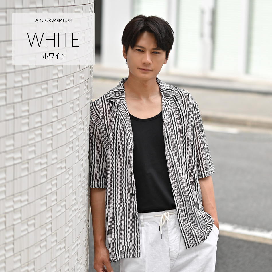 シアーシャツ メンズ カジュアルシャツ サマーシャツ 半袖 夏用 透けシャツ ストライプ 白 紺 ホワイト ネイビー グレー M L XL LL 2L | EVOLUTION | 05