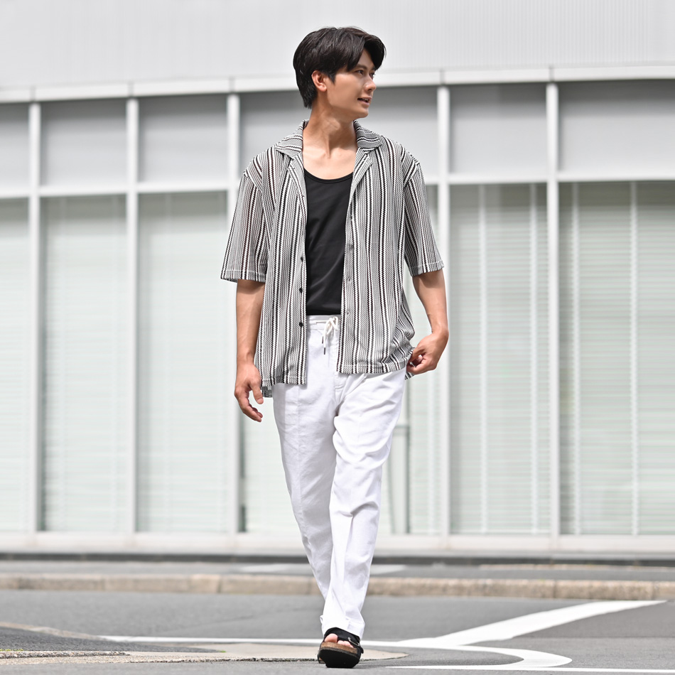 シアーシャツ メンズ カジュアルシャツ サマーシャツ 半袖 夏用 透けシャツ ストライプ 白 紺 ホワイト ネイビー グレー M L XL LL 2L | EVOLUTION | 06
