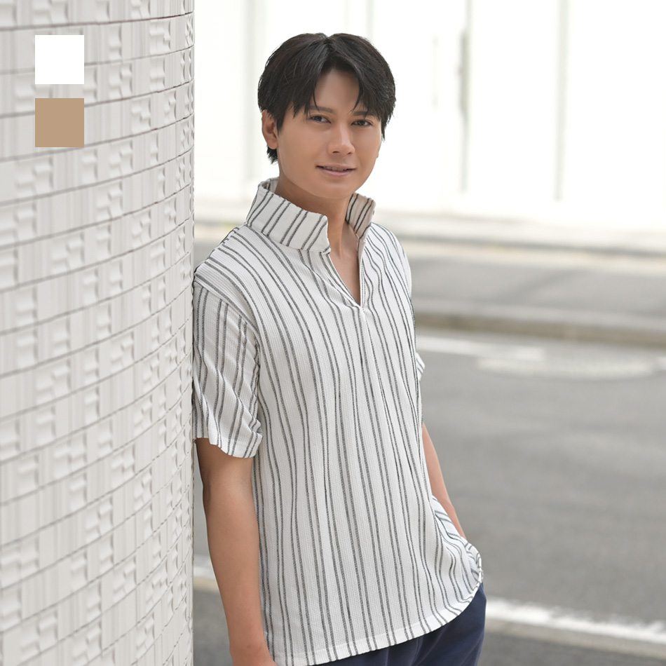 カジュアルシャツ メンズ 半袖シャツ ポロシャツ スキッパーシャツ イタリアンカラーシャツ ストライプ 春夏秋 楊柳 ホワイト ベージュ 白 ストライプ M L XL | EVOLUTION
