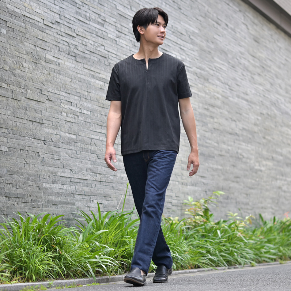 Tシャツ メンズ 半袖 スキッパー ヘンリーネック 無地 ジャガード 春夏秋 白 黒 ホワイト ベージュ ブラック 織柄 M L XL LL 2L | EVOLUTION | 11