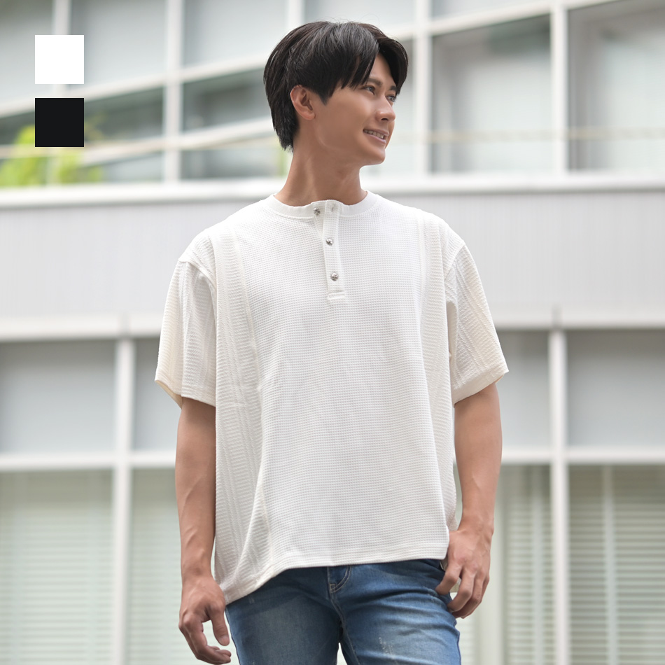 Tシャツ メンズ 半袖 ヘンリーネック ワッフル サーマル 春夏秋 白 黒 ホワイト ブラック M L XL LL 2L | EVOLUTION
