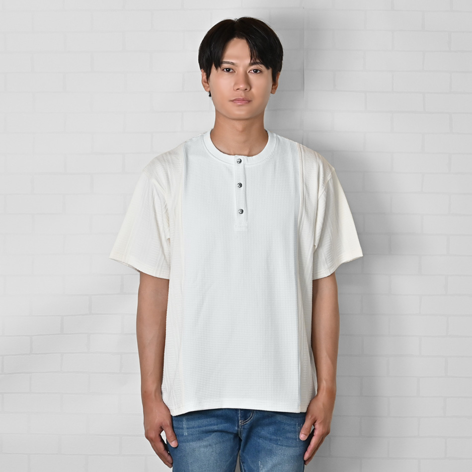Tシャツ メンズ 半袖 ヘンリーネック ワッフル サーマル 春夏秋 白 黒 ホワイト ブラック M L XL LL 2L | EVOLUTION | 09