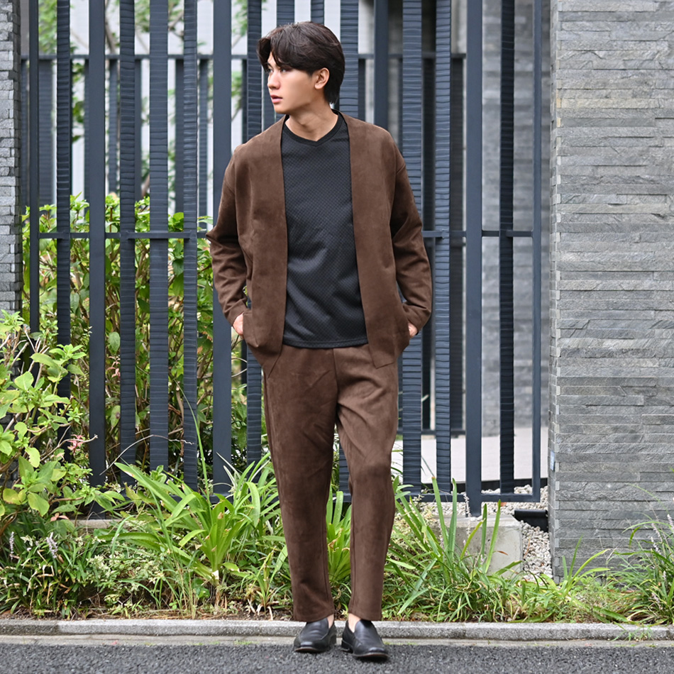 カーディガン メンズ カーデ スエード ノーカラー 衿無し 長袖 ボタンレス カジュアル 茶 黒 グレー ブラウン ブラック M L XL LL 2L | EVOLUTION | 09