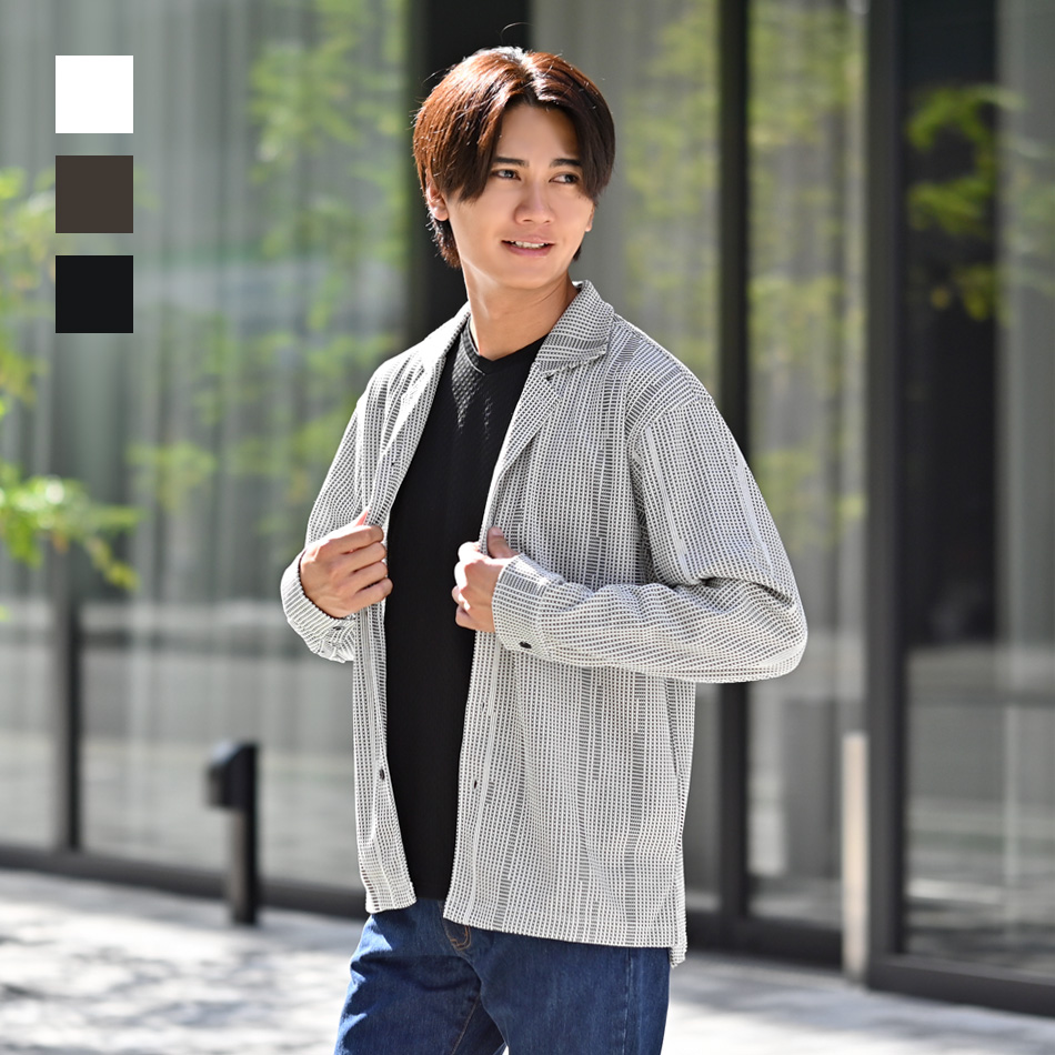 カジュアルシャツ メンズ 長袖 ストライプ ジャガード織 総柄 開襟 オープンカラー 大人カジュアル 白 黒 ホワイト ブラウン ブラック M L XL LL 2L | EVOLUTION