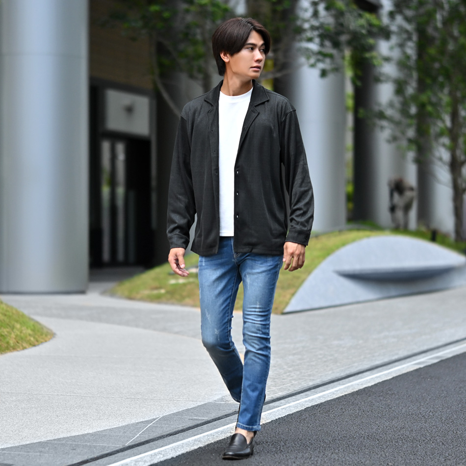 カジュアルシャツ メンズ 長袖 ストライプ ジャガード織 総柄 開襟 オープンカラー 大人カジュアル 白 黒 ホワイト ブラウン ブラック M L XL LL 2L | EVOLUTION | 10