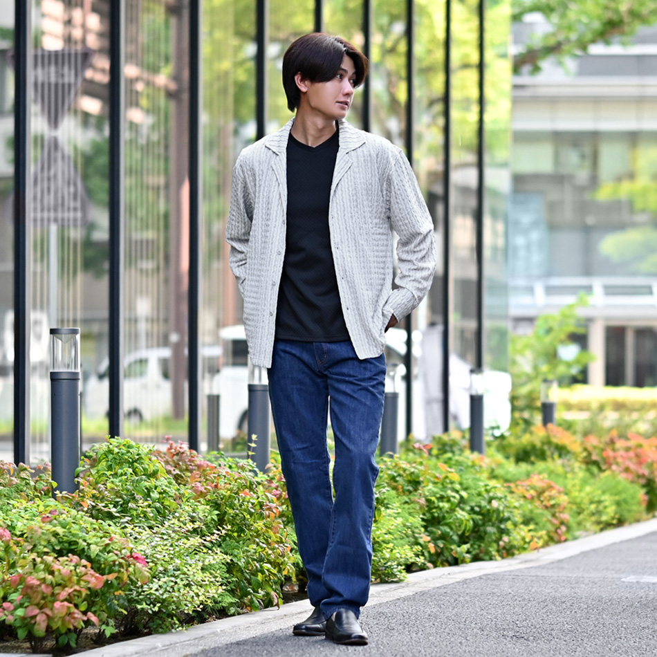 カジュアルシャツ メンズ 長袖 シアーシャツ ストライプ ジャガード織 開襟シャツ オープンカラー 黒 グレー ブラウン ブラック M L XL LL 2L | EVOLUTION | 06