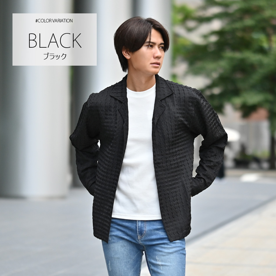 カジュアルシャツ メンズ 長袖 シアーシャツ ストライプ ジャガード織 開襟シャツ オープンカラー 黒 グレー ブラウン ブラック M L XL LL 2L | EVOLUTION | 03
