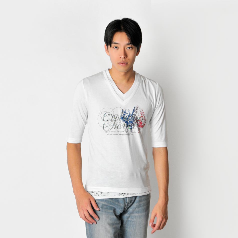 Tシャツ カットソー メンズ Vネック 7分袖 箔プリント ラインストーン ホワイト グレー ブラック M L EVOLUTION エボリューション hk エイチケー | EVOLUTION | 08