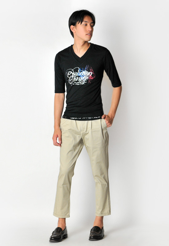 Tシャツ カットソー メンズ Vネック 7分袖 箔プリント ラインストーン ホワイト グレー ブラック M L EVOLUTION エボリューション hk エイチケー | EVOLUTION | 07