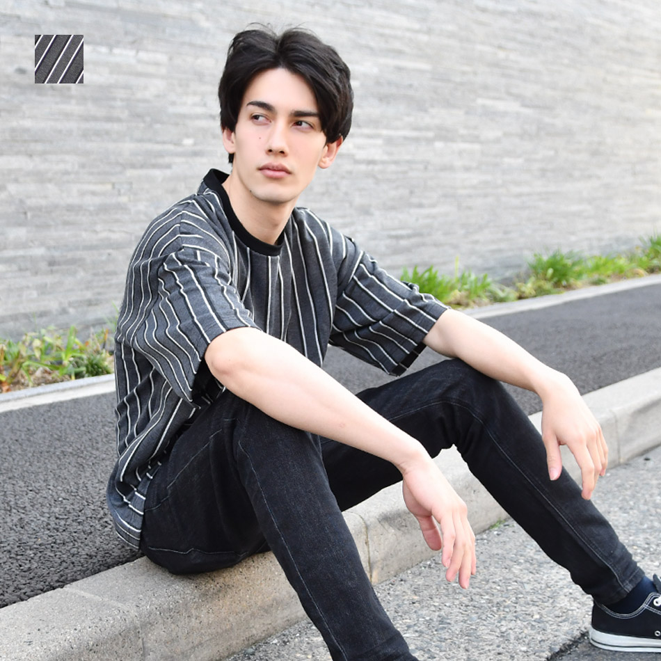 tシャツ メンズ 半袖 黒 赤 ビッグシルエット M L クルーネック ブラック レッド ストライプ カットソー EVOLUTION 91197 | EVOLUTION