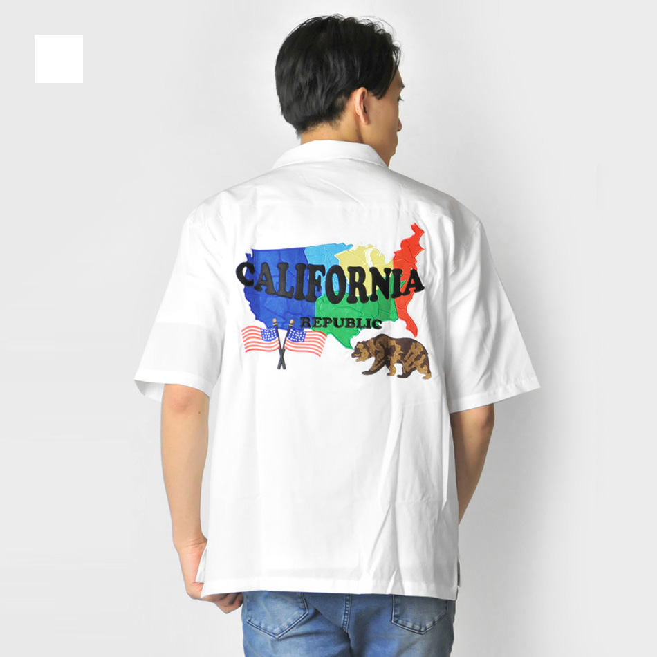 シャツ メンズ カジュアル 半袖 開襟 オープンカラー 刺繍 アメリカ 白 黒 M L XL ホワイト ブラック | EVOLUTION