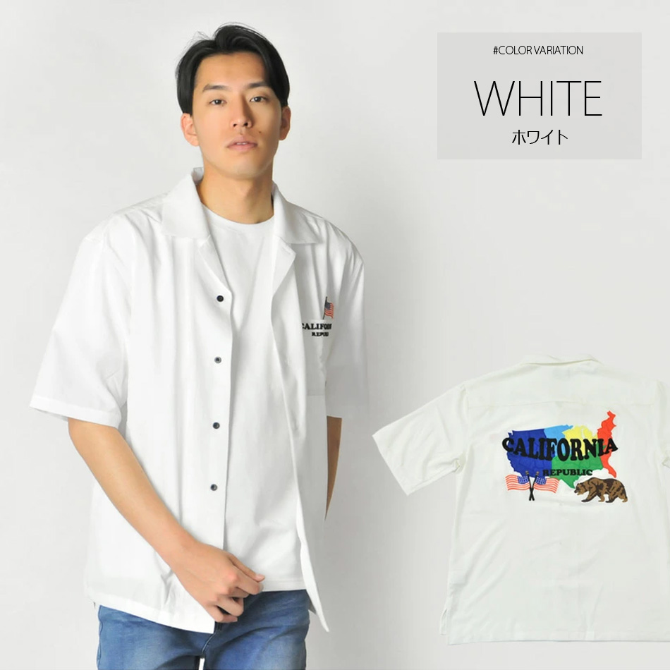 シャツ メンズ カジュアル 半袖 開襟 オープンカラー 刺繍 アメリカ 白 黒 M L XL ホワイト ブラック | EVOLUTION | 01