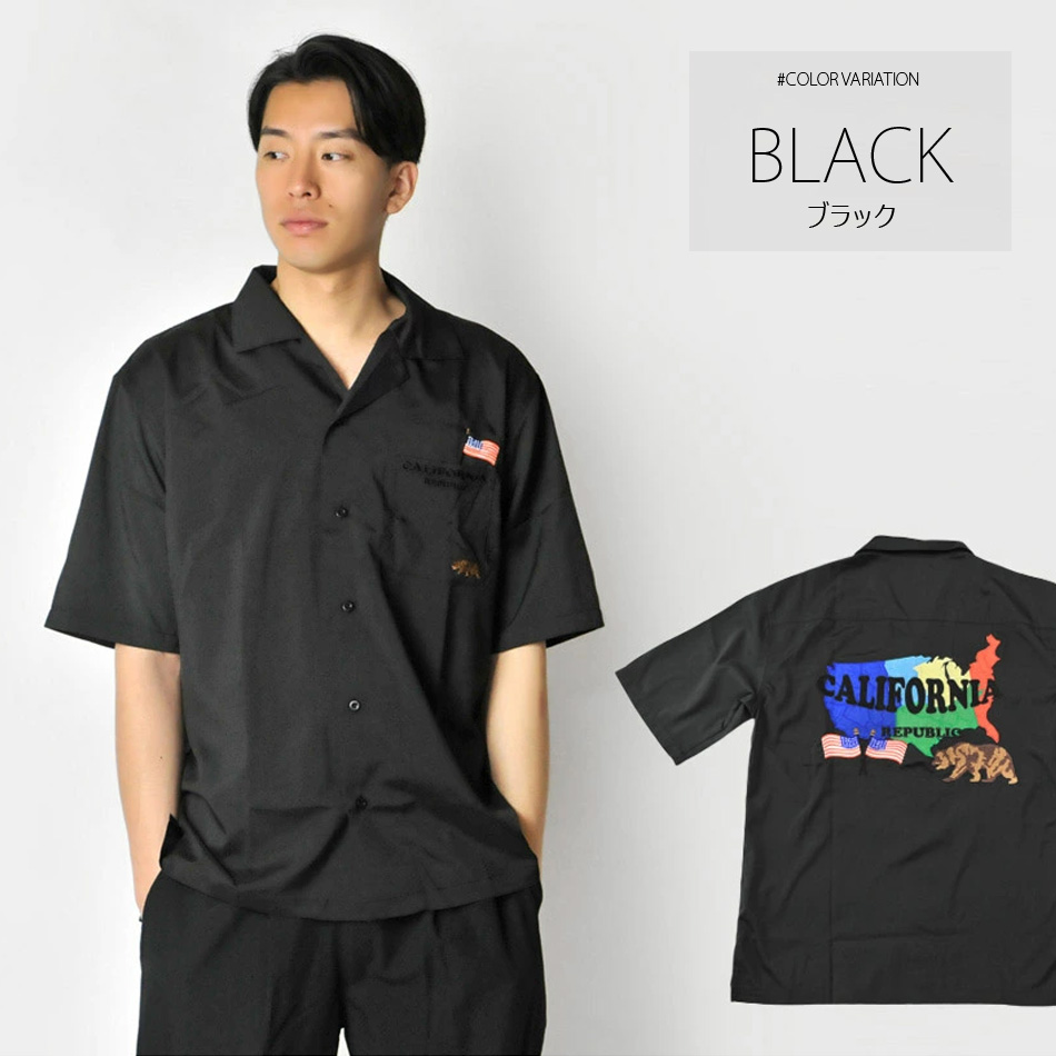 シャツ メンズ カジュアル 半袖 開襟 オープンカラー 刺繍 アメリカ 白 黒 M L XL ホワイト ブラック | EVOLUTION | 02