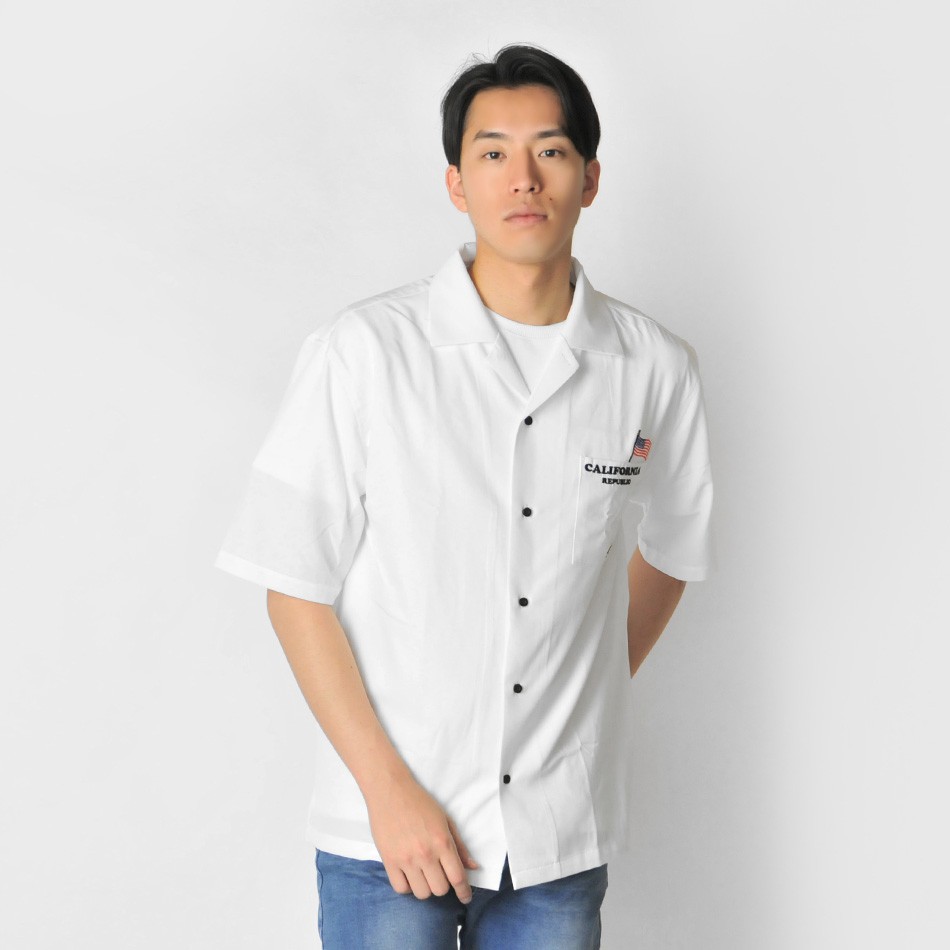 シャツ メンズ カジュアル 半袖 開襟 オープンカラー 刺繍 アメリカ 白 黒 M L XL ホワイト ブラック | EVOLUTION | 05