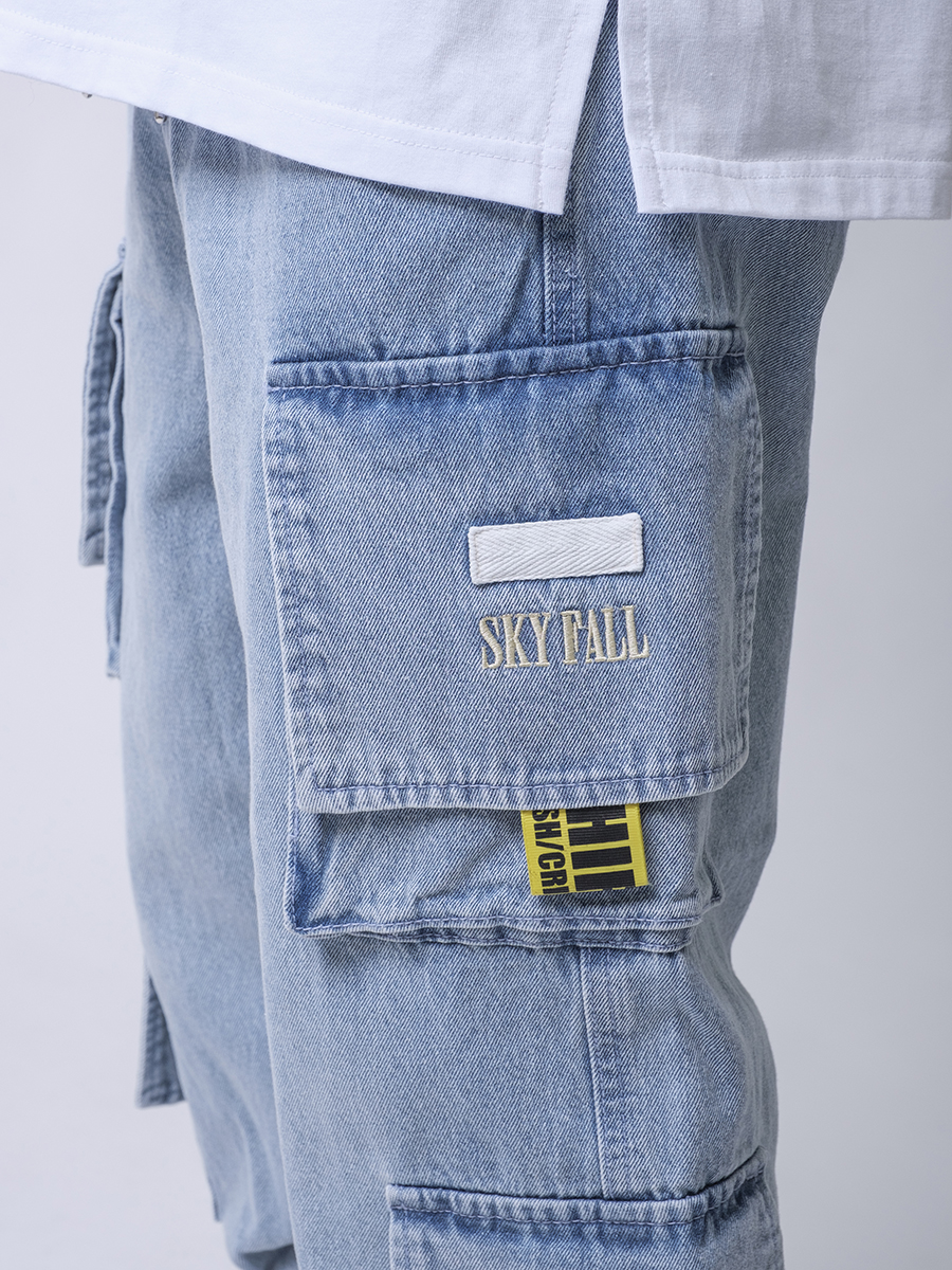 デニムカーゴジョガーパンツ メンズ ワイドパンツ 太め ストリート ジーンズ サックスブルー ブラック ホワイト 白 紺 青 黒 S M L RE730 セブンサーティー | RE730 | 18