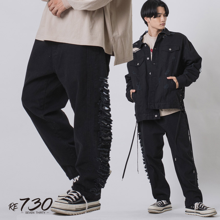 サイドダメージワイドデニム メンズ ワイドパンツ ビッグシルエット オーバーサイズ ストリート系 韓国ファッション 韓国系 RE730 セブンサーティー | RE730 | 03