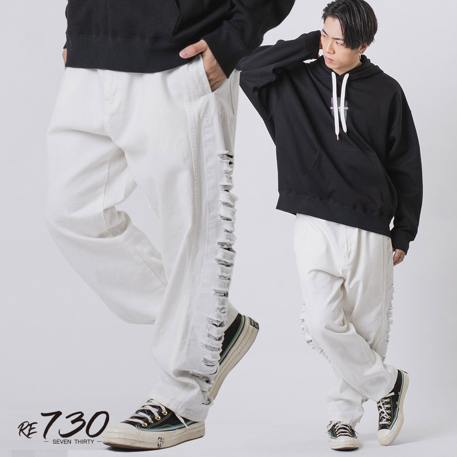 サイドダメージワイドデニム メンズ ワイドパンツ ビッグシルエット オーバーサイズ ストリート系 韓国ファッション 韓国系 RE730 セブンサーティー | RE730 | 02