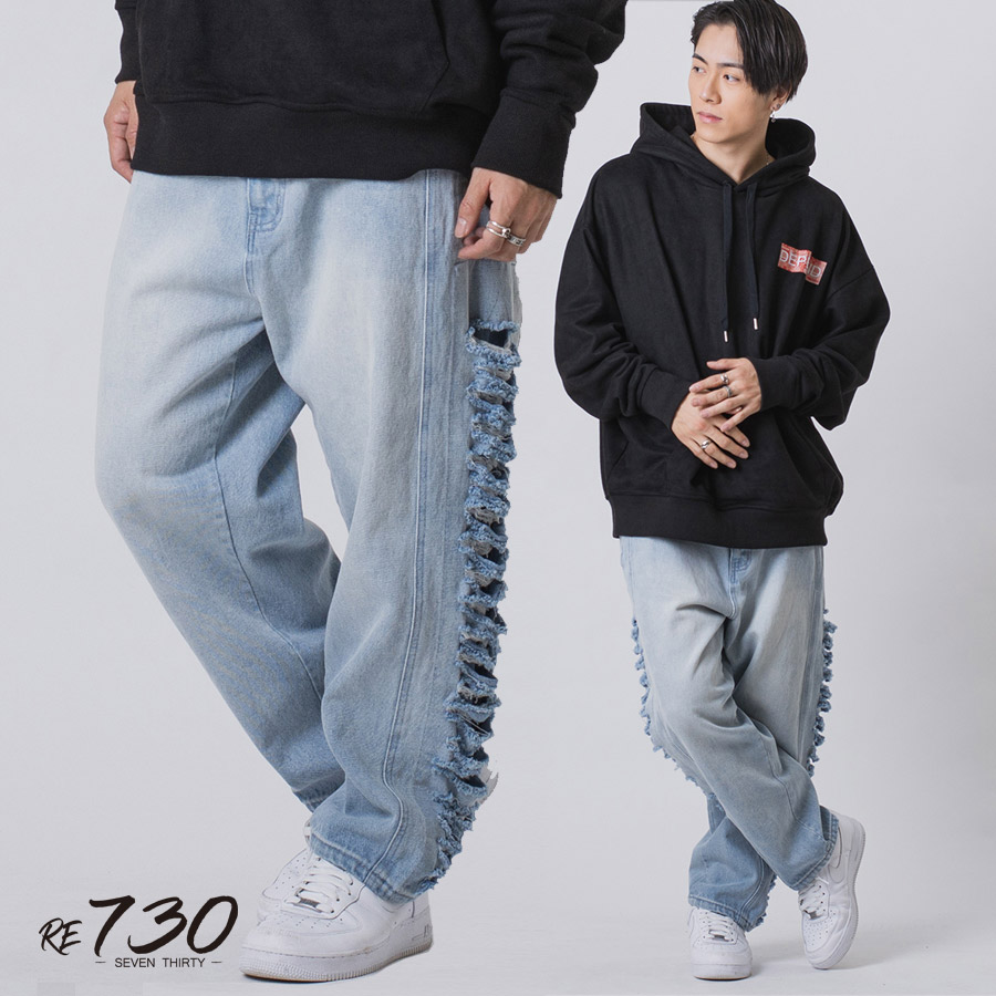 サイドダメージワイドデニム メンズ ワイドパンツ ビッグシルエット オーバーサイズ ストリート系 韓国ファッション 韓国系 RE730 セブンサーティー | RE730 | 01