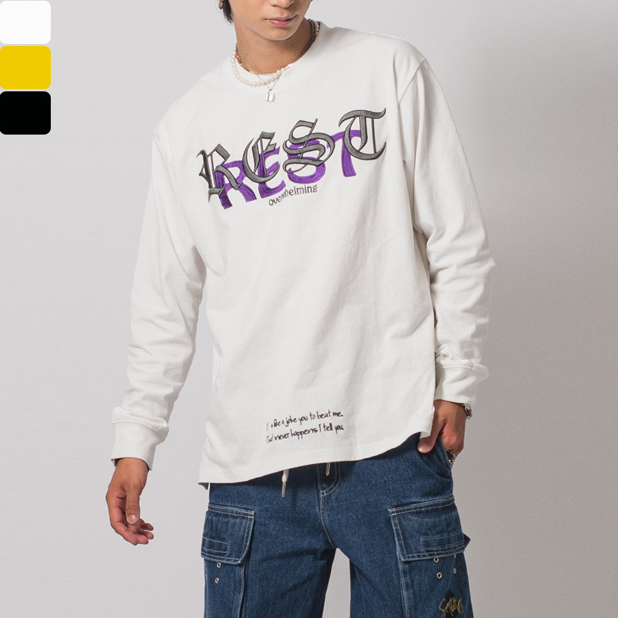 天竺刺繍ロングスリーブTシャツ メンズ ビッグシルエット オーバーサイズ ストリート系 韓国ファッシ...