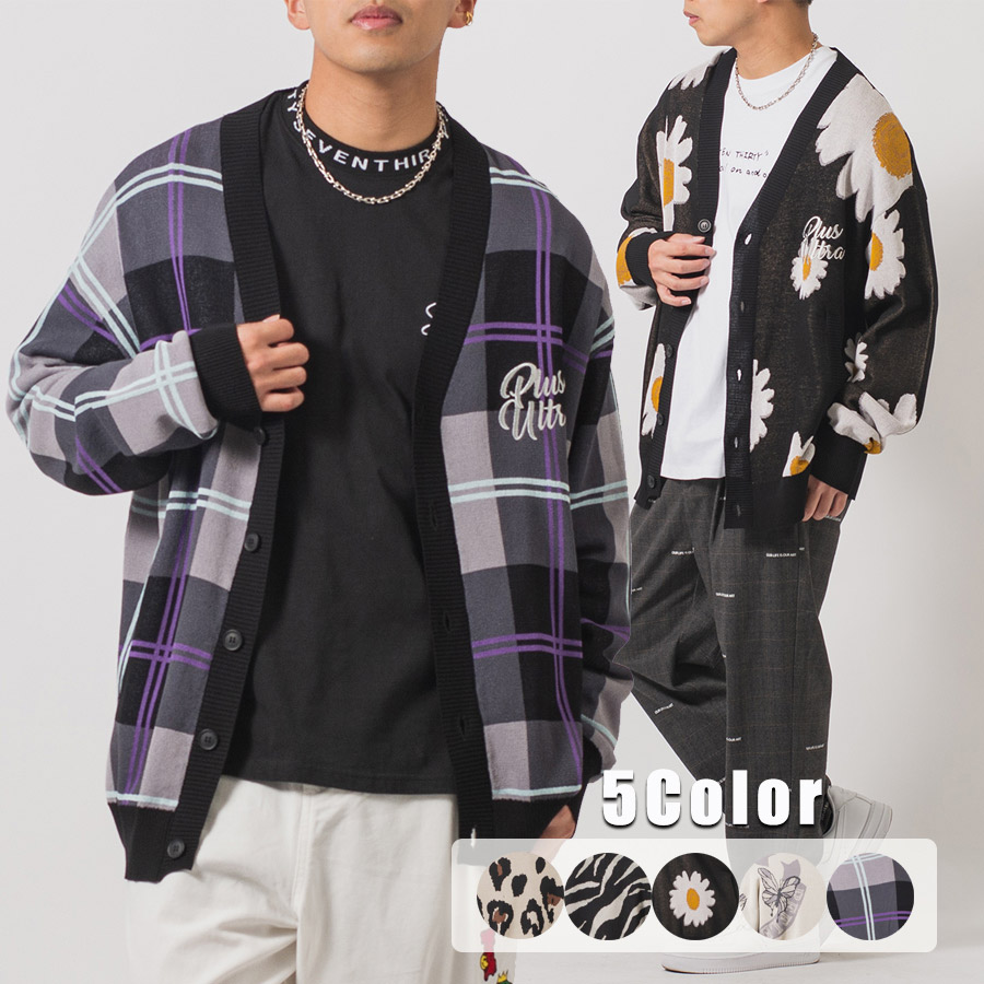 総柄ビッグニットカーディガン メンズ ビッグシルエット オーバーサイズ ストリート系 韓国ファッション 韓国系 RE730 セブンサーティー | RE730