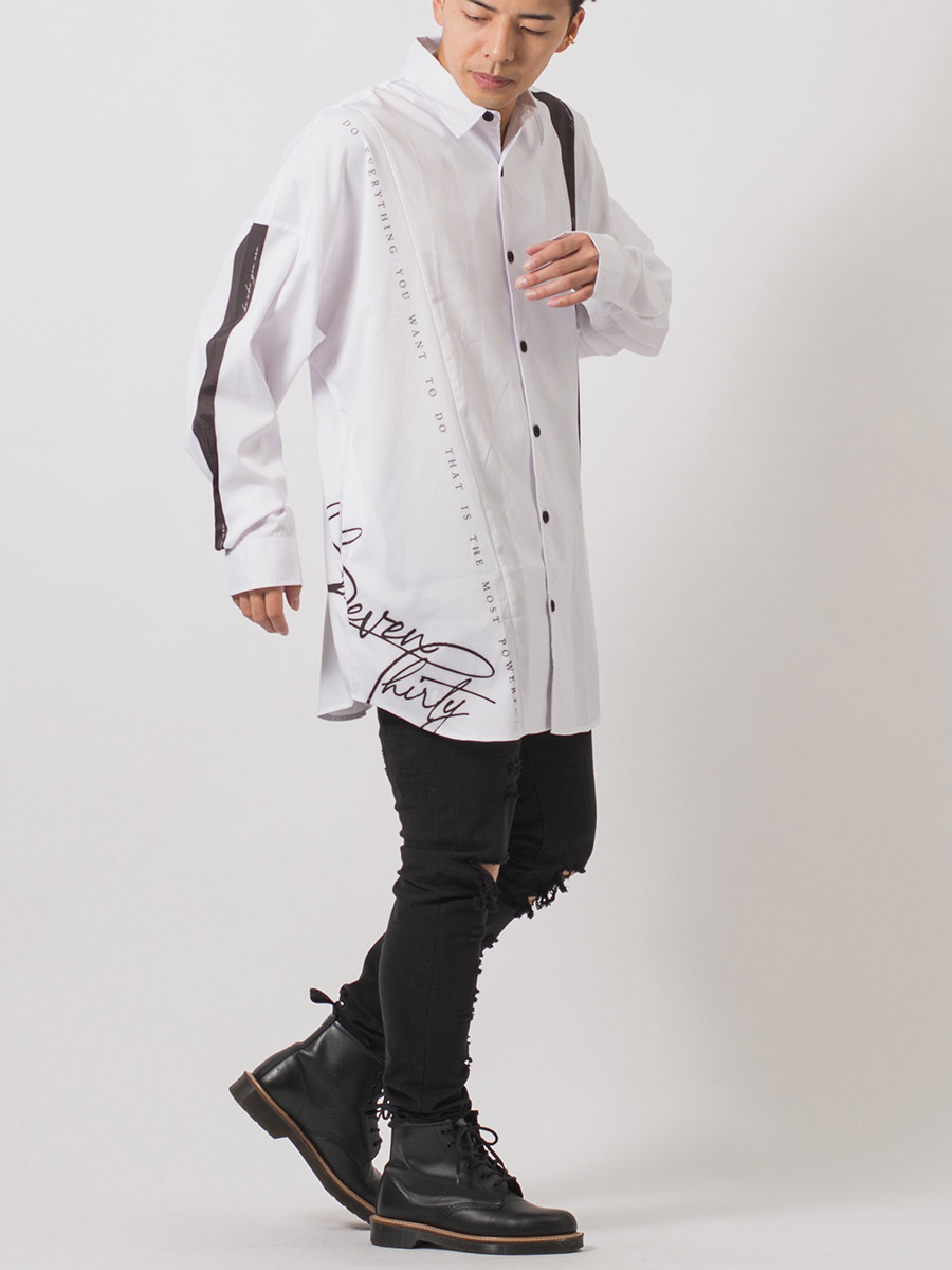 テープデザインドルマンシャツ メンズ ビッグシルエット オーバーサイズ ストリート系 韓国ファッション 韓国系 RE730 セブンサーティー | RE730 | 06