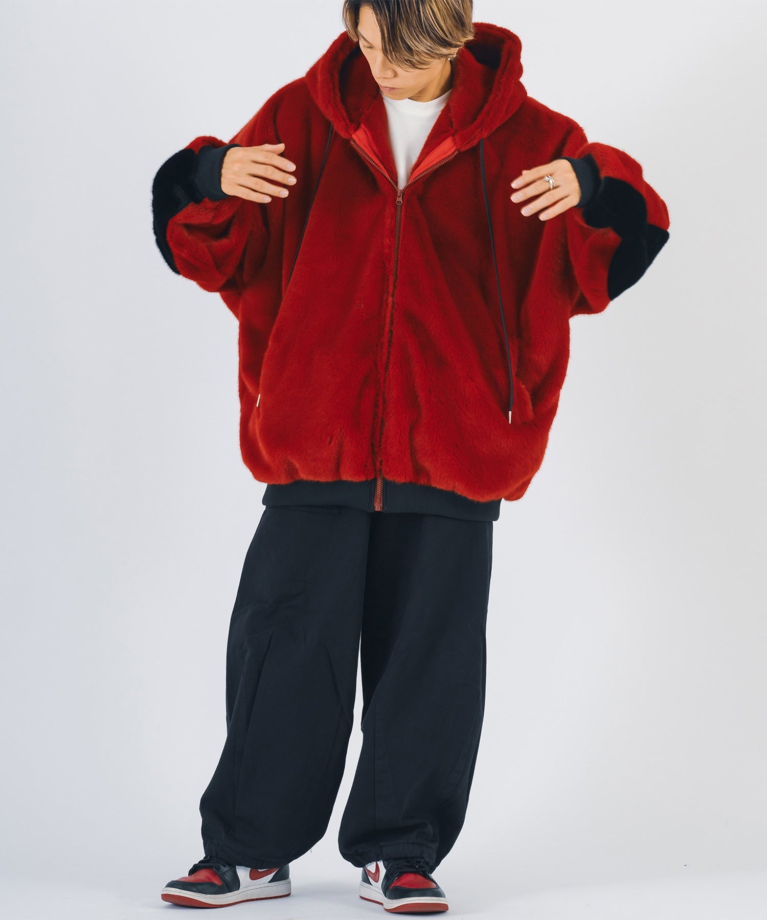 ファー パーカー ジャケット メンズ ビッグシルエット ストリート 韓国ファッション ホワイト ピンク ブラック ワイン グレー他  白 黒 赤 M L XL | RE730 | 15