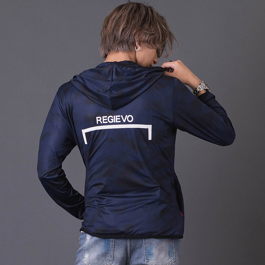 ハニカムプリントパーカー メンズ スポーティ 総柄 ワンポイント ロゴ グレー ブルー ネイビー 青 紺 M L XL REGIEVO レジエボ | REGIEVO | 03