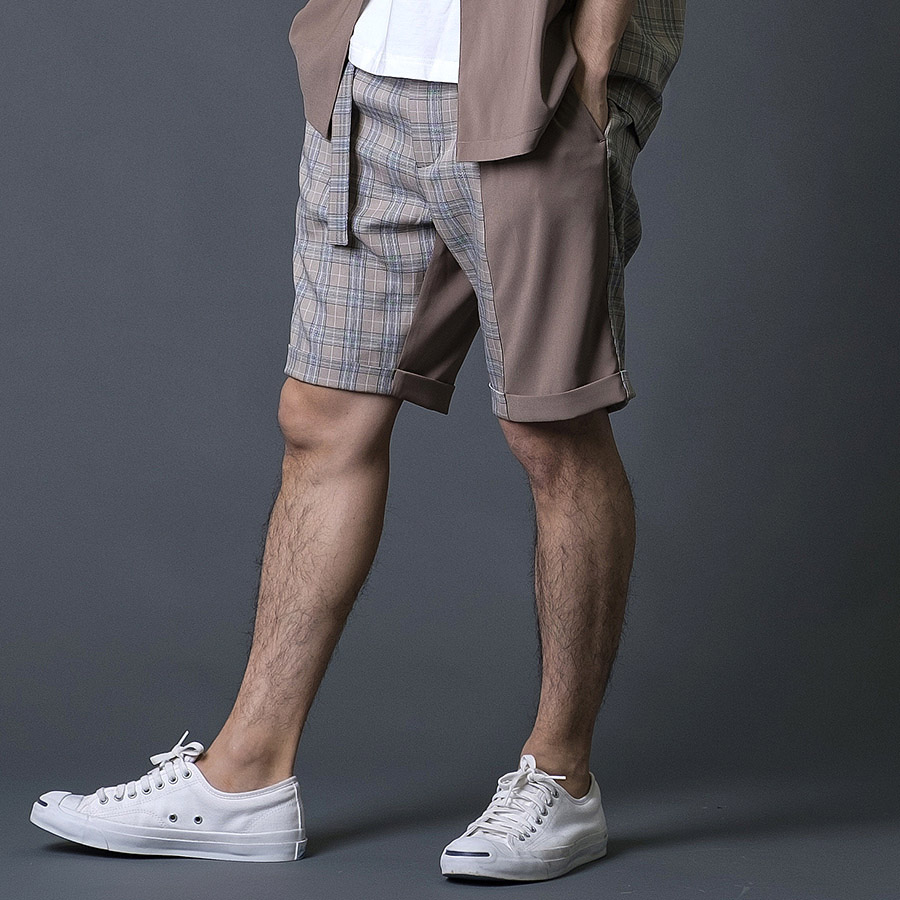 切替ショートパンツ ハーフパンツ チェック柄 モード エレガント カジュアル 春 夏 秋 ベージュ ブラック 黒 茶 お洒落 M L REGIEVO レジエボ | REGIEVO | 01