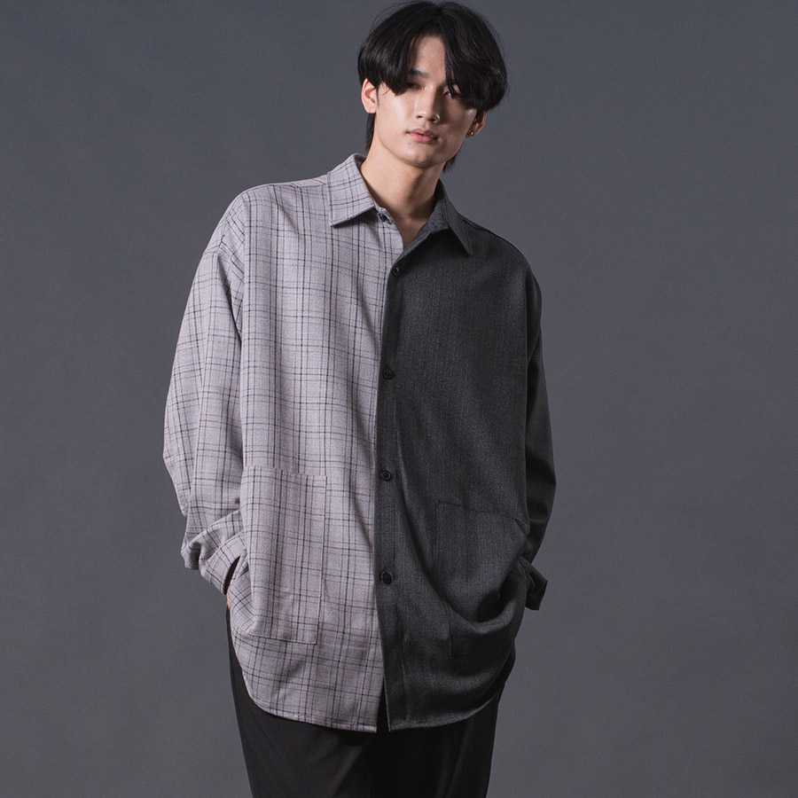 クレイジーオーバーシャツ メンズ ロングシャツ オーバーサイズ チェック柄 バイカラー ブラック ベージュ 黒 茶 M L REGIEVO レジエボ | REGIEVO | 02