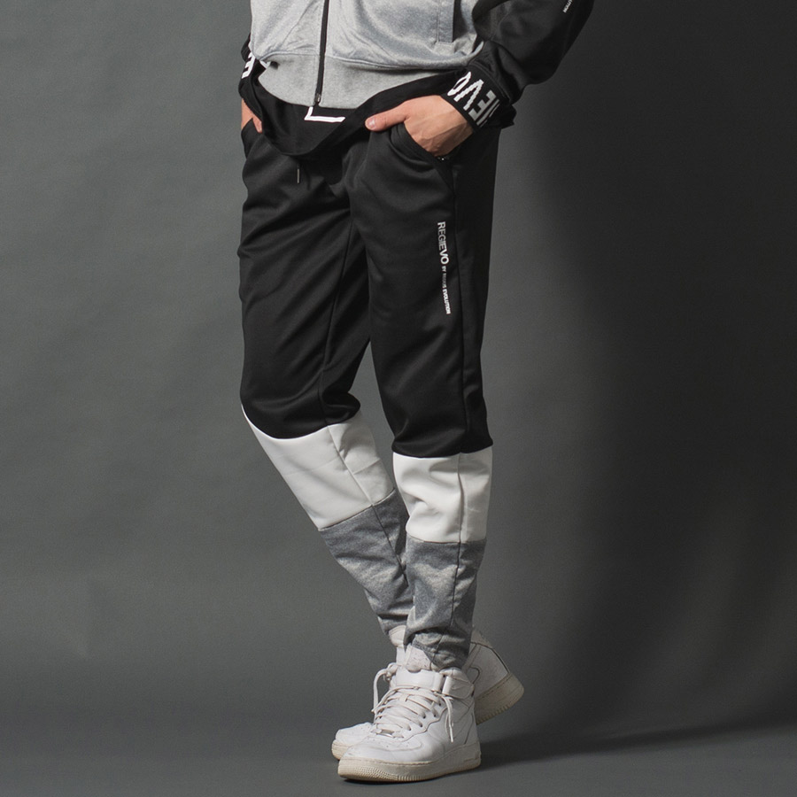 アシンメトリー切り替えジョガーパンツ メンズ ストレッチ性 シンプル セットアップ モノトーン ホワイト ブラック グレー 白 黒 M L XL REGIEVO レジエボ | REGIEVO | 01