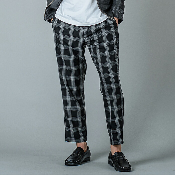 スラックス メンズ テーパード ワイド 春夏 秋冬 黒 グレー ブラック 29 30 31 S M L チェック 9分丈 アンクルパンツ ツータック シャーリング REGIEVO 95104 | REGIEVO | 04