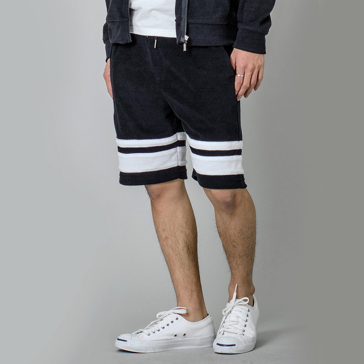 ハーフパンツ ショートパンツ メンズ ラインパンツ パイル ホワイト ブラック 白 黒 S M L XL スポーティー カジュアル シンプル モード 夏 REGIEVO レジエボ | REGIEVO