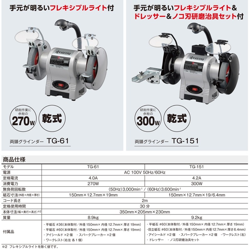 京セラ 両頭グラインダー TG-151 卓上グラインダー 電動グラインダー 研磨機 電動サンダー 小型 卓上サンダー 金属研磨