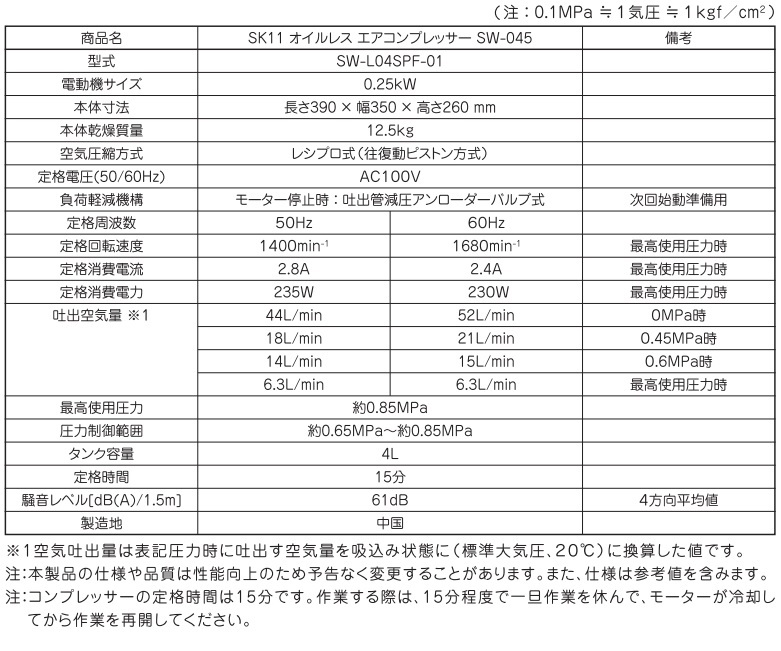 SK11 エアーコンプレッサー 静音タイプ SW-045 SW-L04SPF-01 