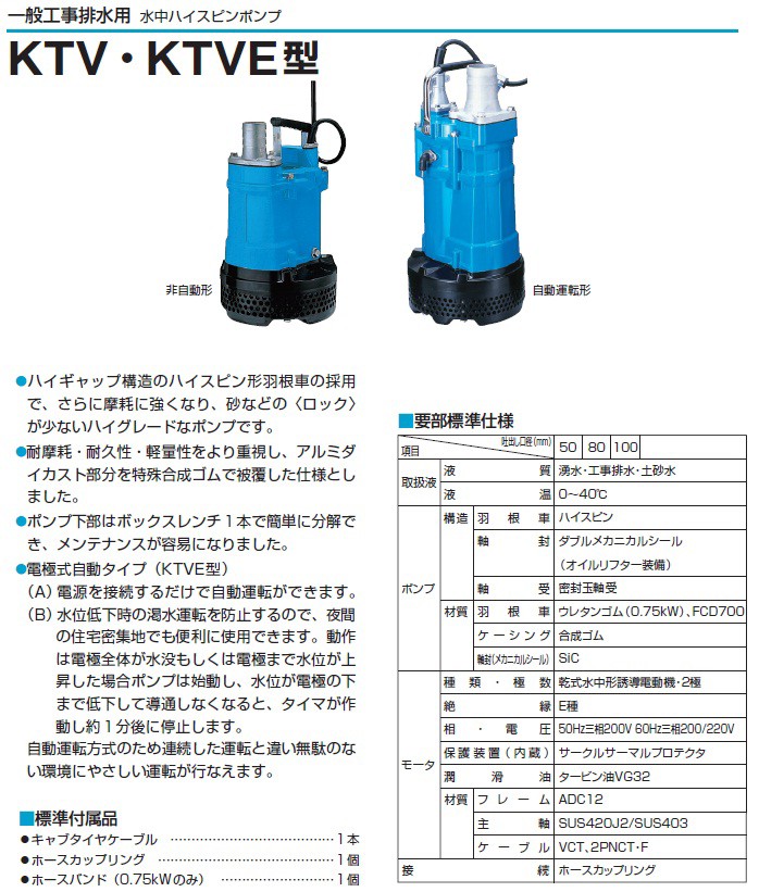 ツルミポンプ 水中ハイスピンポンプ 自動形 KTVE型 KTVE22.2 - 通販