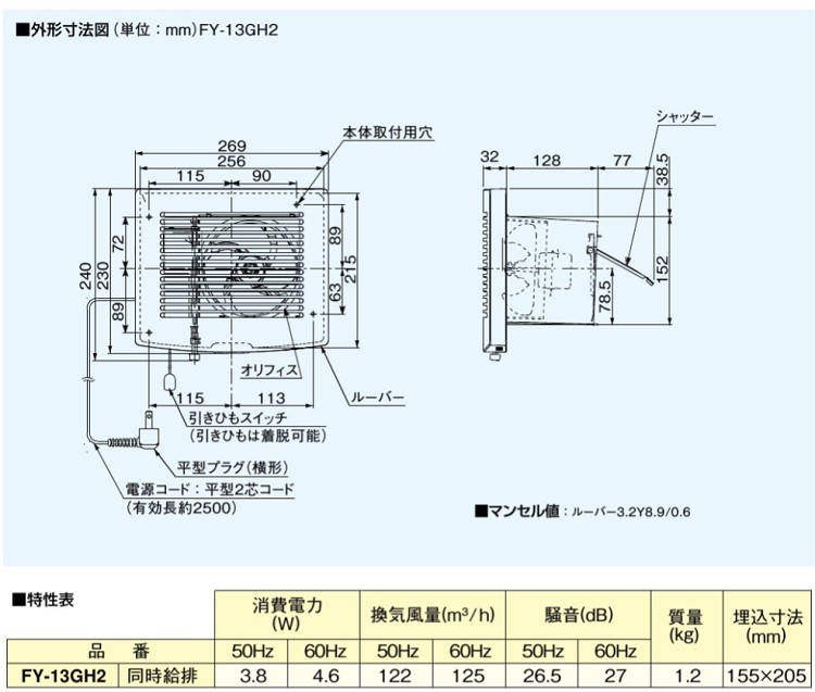 パナソニック 居間用 換気扇 FY-13GH2 同時給排/壁埋込形 : S.S net