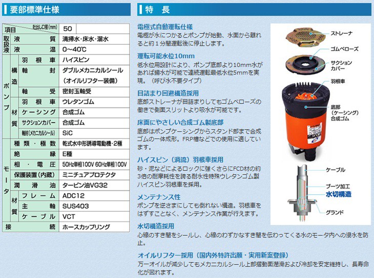 ツルミ 排水ポンプ 残水ポンプ 業務用 自動型 低水位 LSRE2.4S 100V 60Hz 2インチ 水位センサー 汚水ポンプ 小型 底水  水中ポンプ 家庭用