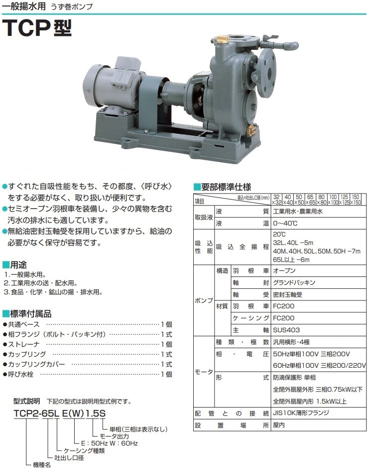 ツルミポンプ 自吸式 うず巻ポンプ TCP2-65LW1.5-P 60HZ/200V モーター付