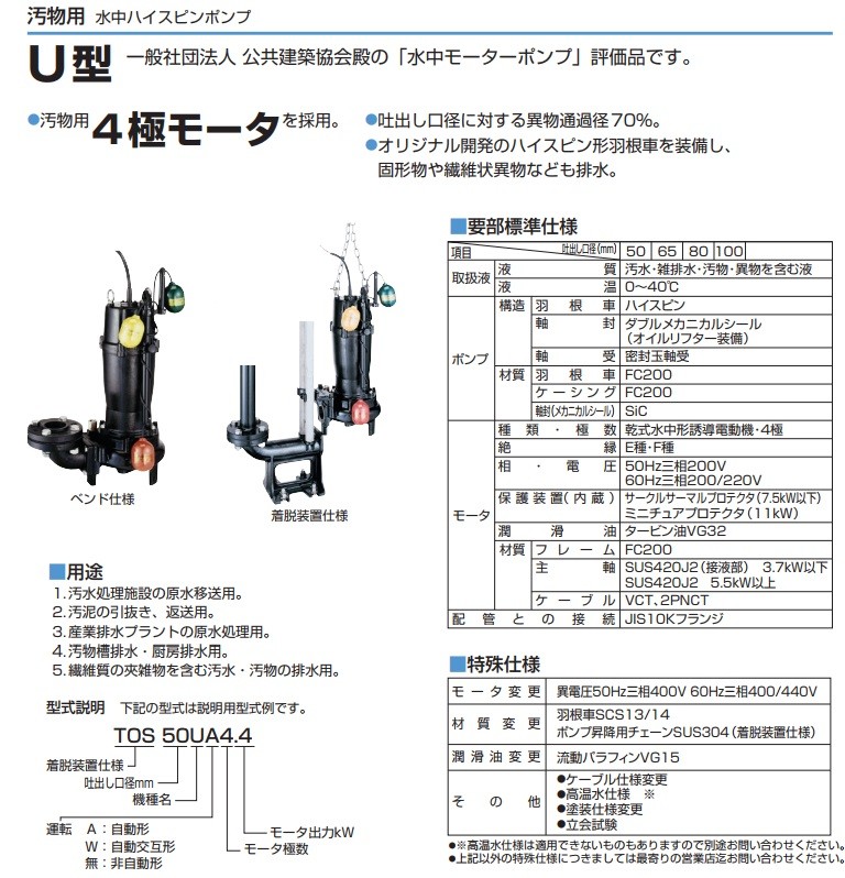 鶴見ポンプ 水中ポンプ 汚水汚物用 排水ポンプ 80U41.5 200V 汚水