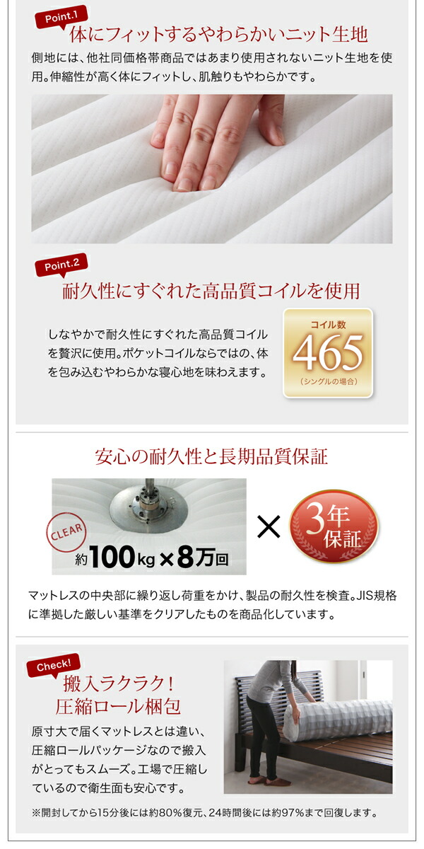 お客様組立 壁付できる棚コンセント付国産ファミリー収納ベッド スタンダードポケットコイルマットレス付き A+Bタイプ ワイドK200_16