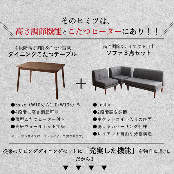 ダイニングセット（テーブル&ソファ） 3人 4点セット(テーブル+2Pソファ1脚+1Pソファ1脚+コーナーソファ1脚) W105_4