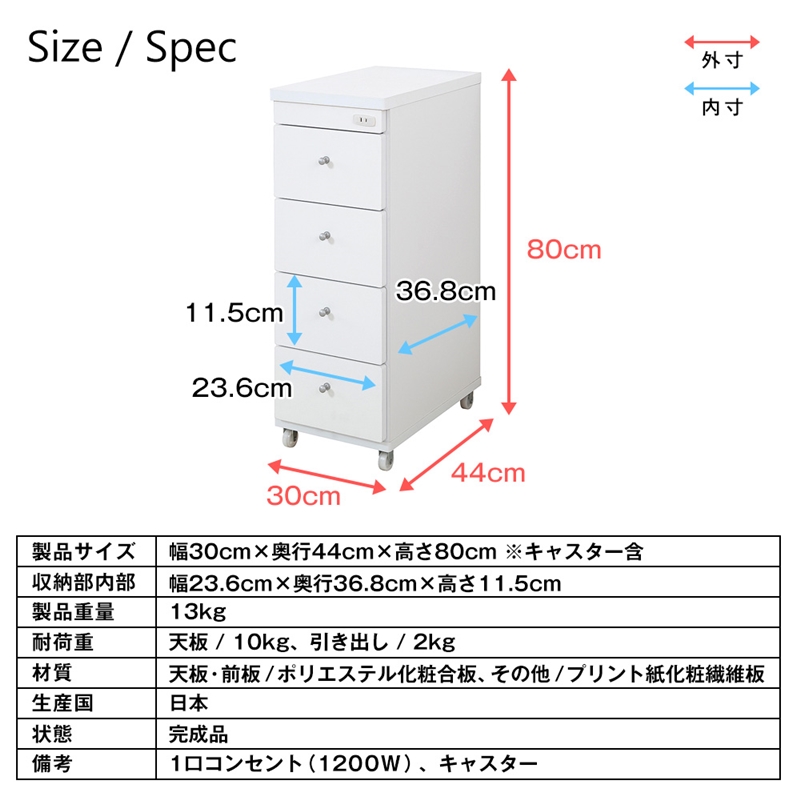 すき間ワゴン すきまワゴン 洗面所 ランドリー 収納 日本製 完成品 キャスター付き コンセント 洗面所 ランドリー スリム ホワイト 白 幅30cm 奥行44cm_6