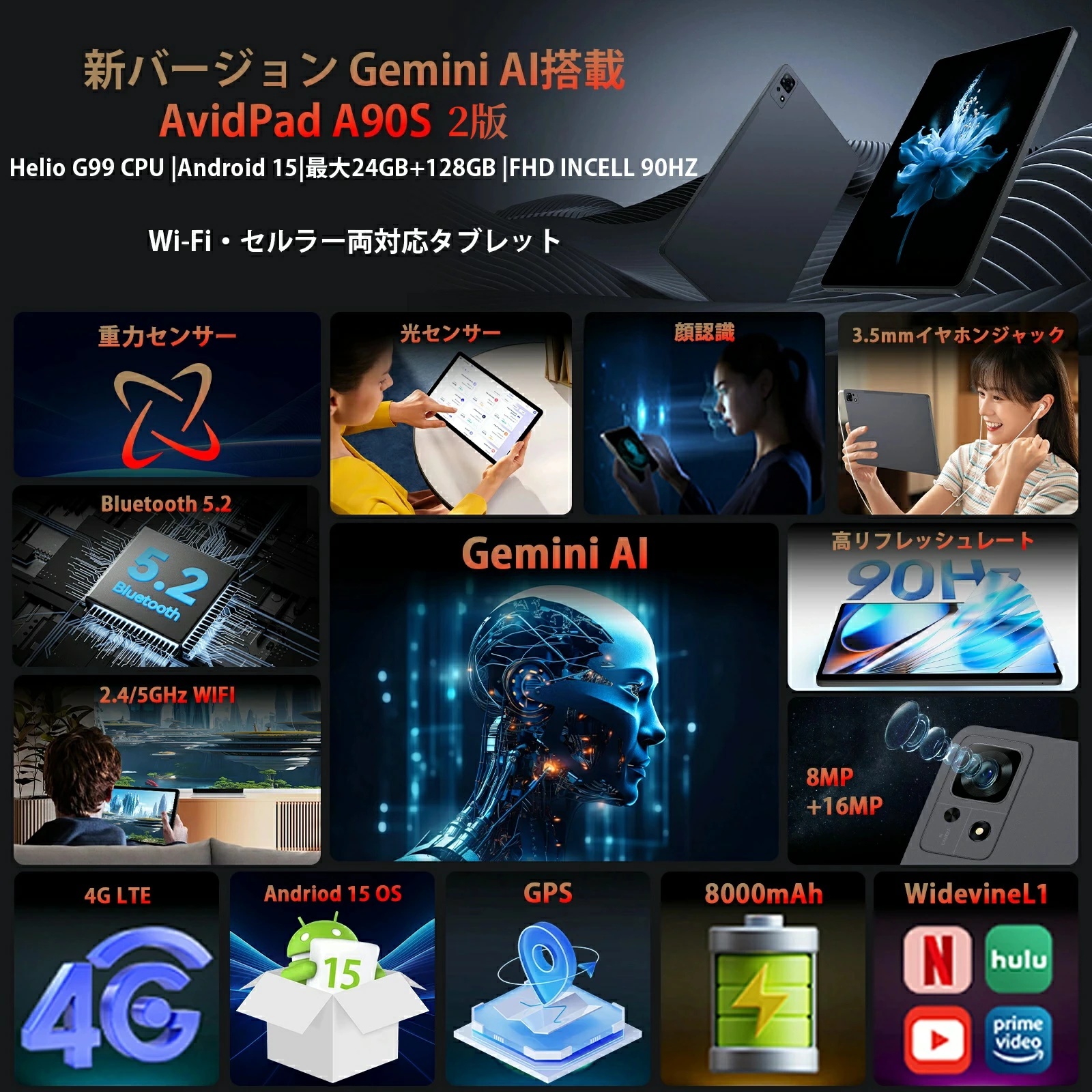 android 15 Avidpad A90S AI版 Helio G99 タブレット 90Hz タブレット