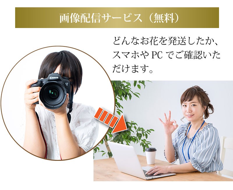画像配信サービス（無料） どんなお花を発送したか、スマホやPCでご確認いただけます。
