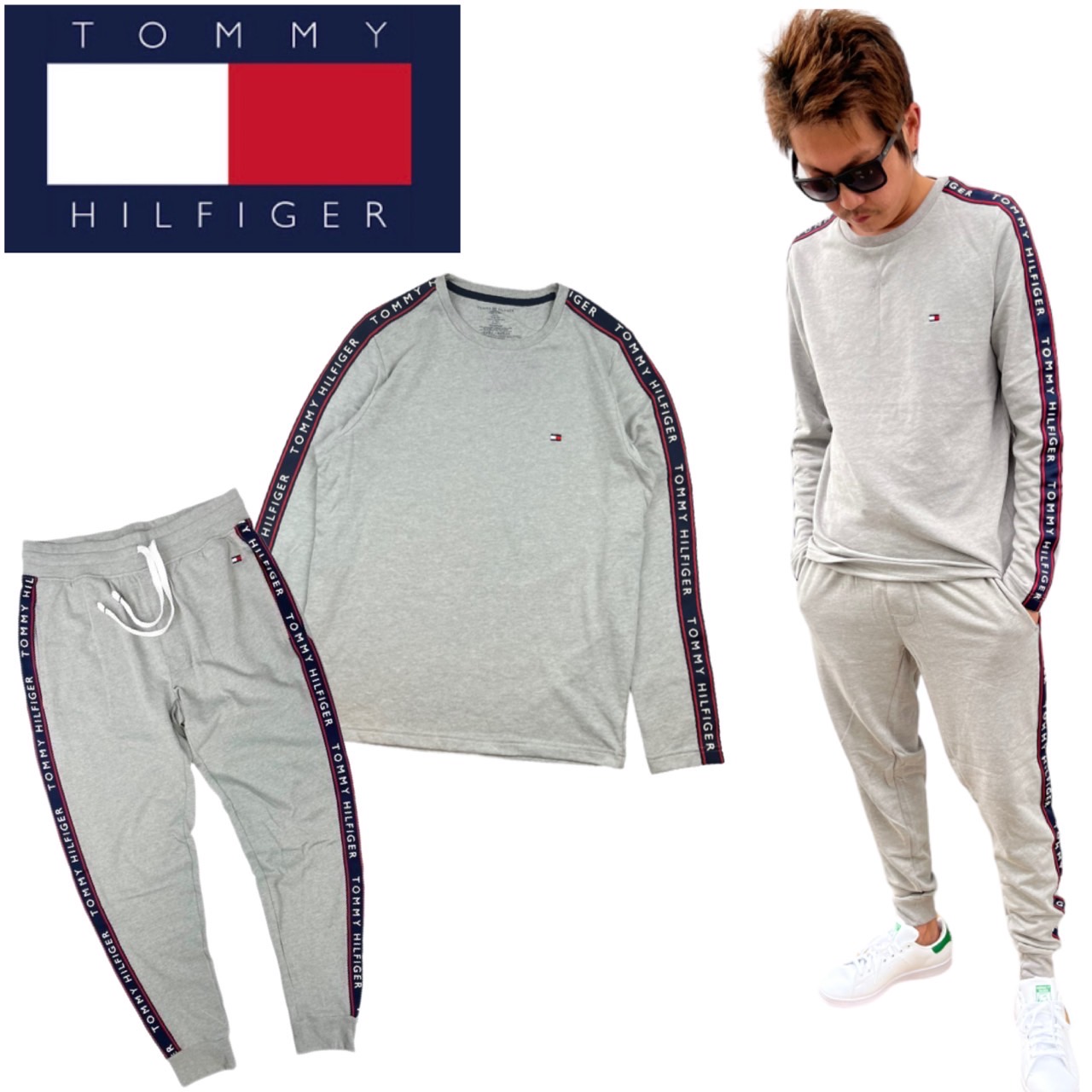 トミーヒルフィガー TOMMY HILFIGER セットアップ 上下 トレーナー ジョガーパンツ 09T4257/09T4258 長袖 ロンT ボトムス スウェット メンズ 部屋着 2点セット｜staiwan｜03