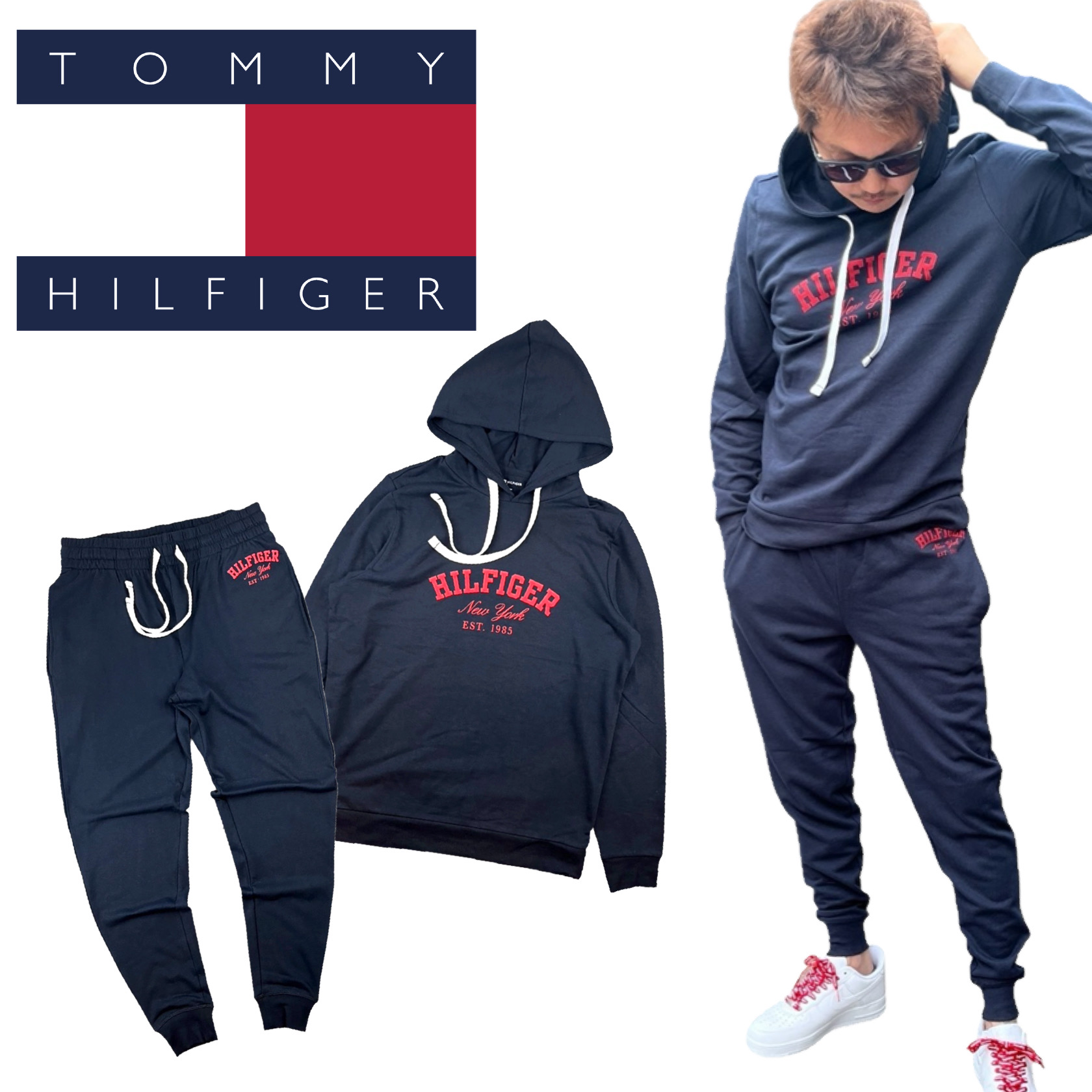 トミーヒルフィガー TOMMY HILFIGER セットアップ 上下 パーカー 09T4449/09T4451 長袖 ボトムス 長袖 スウェット  メンズ ジョガーパンツ 部屋着 2点