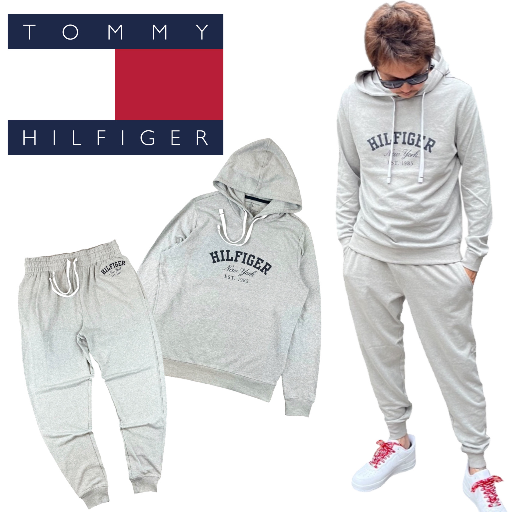 トミーヒルフィガー TOMMY HILFIGER セットアップ 上下 パーカー 09T4449/09T4451 長袖 ボトムス 長袖 スウェット  メンズ ジョガーパンツ 部屋着 2点